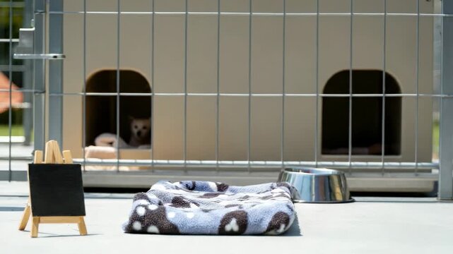 Cozy pet kennel setup with paw print blanket, stainless steel bowl, small doghouse and chalkboard sign on a clean floor