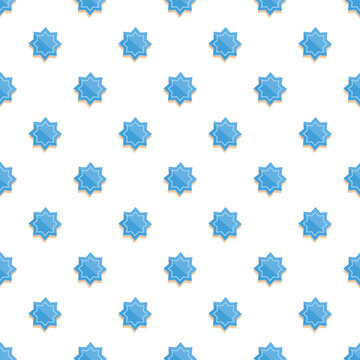 Blue octagram shapes forming a repeating seamless pattern on a white background