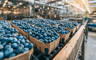 Naklejka premium Fresh Blueberries in Eco-Friendly Baskets at a Market Setting with Natural Light and an Inviting Atmosphere