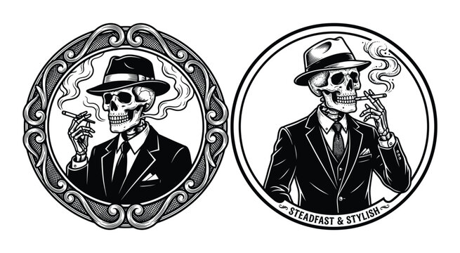 Skull Doodles With Hats And Cigars Black And White Vector Illustration