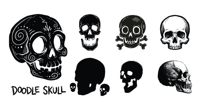 Skull Doodles Collection Black And White Vector Illustration anatomy bone