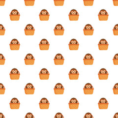Fototapeta premium Adorable cartoon hedgehog sitting in a wicker basket repeating on a white background