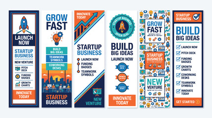 Naklejka premium Startup business vertical banners, professional marketing roll-up templates with rocket launch icons, corporate growth fast promotional flyers