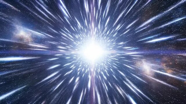 Bright cosmic light burst in outer space with stars and galaxy background showing motion and energy