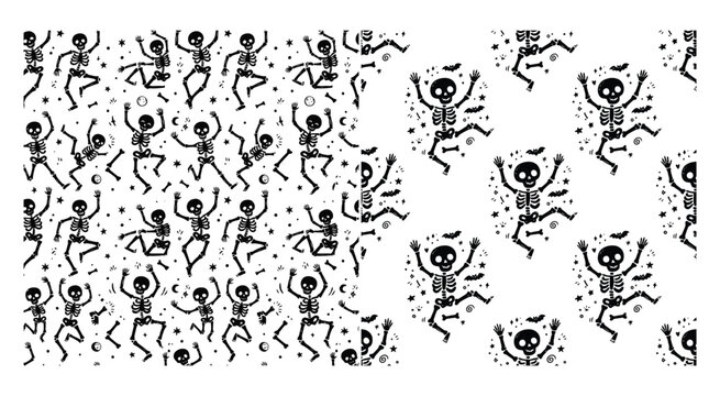 Dancing skeleton pattern with stars and bones black and white vector illustration