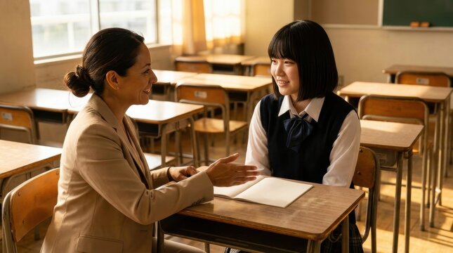 Kind teacher speaks with a smiling student in an empty classroom during golden light, showing emotional encouragement, supportive mentorship, trust, and school well-being after lessons end well