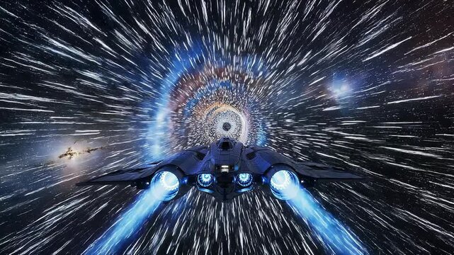 Futuristic spaceship flying through a starfield with glowing engines in a vibrant cosmic tunnel