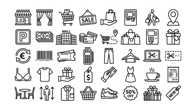 Black and white line icons set of shopping and commerce symbols including sale discounts and retail store items on white background