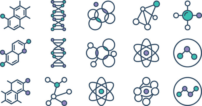 Science molecule and atomic structure icon set featuring DNA helix, chemical compounds, molecular bonds and physics research vector collection