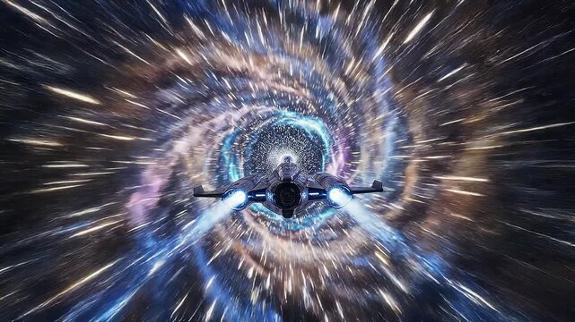 Futuristic spaceship traveling through a colorful cosmic vortex in deep outer space with dynamic light trails
