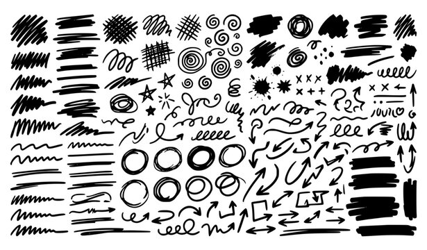 Title: Hand Drawn Marker Pen Strokes Scribble Doodle Elements Collection with Abstract Black Ink Lines on White Background Vector