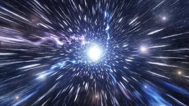 Bright cosmic explosion with starburst effect in deep space with vibrant purple and blue nebula clouds