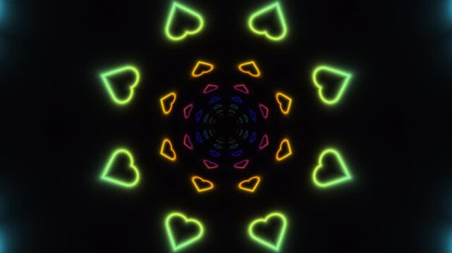 Colorful heart shapes form a dynamic pattern in a dark background
