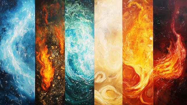 Abstract representation of the four classical elements: water, fire, earth, and air.