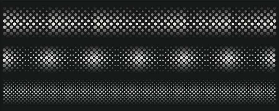 Horizontal banners silver metallic hexagonal halftone patterns black background. Abstract futuristic technology texture.