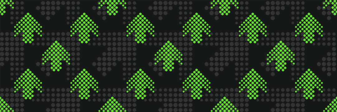 Seamless pattern with green arrows pointing up from small hexagons. Abstract digital technology background.