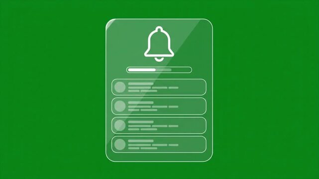 Glass Notification Panel Growing with Icons and List in Digital Green Space