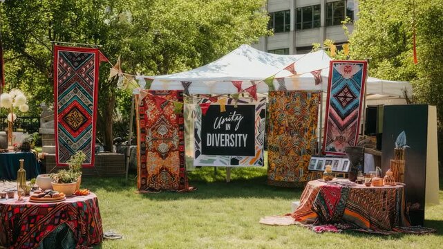 Colorful bohemian market stall displaying handwoven rugs, tapestries and textiles with a "Unity in Diversity" banner in a sunny park