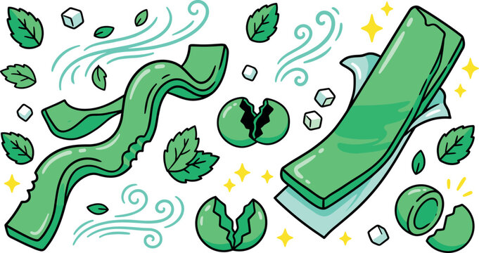 Fresh Mint Chewing Gum Doodle Set with Wavy Green Strips Open Foil Wrapper Mint Leaves Ice Cubes and Cracked Gumball Candy Vector Illustrations