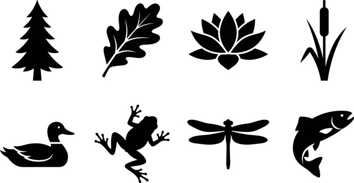Nature wildlife silhouette icon set featuring tree, leaf, lotus flower, reed, duck, frog, dragonfly and fish vector collection