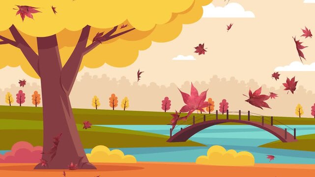 2D Golden and red leaves falling from trees in autumn