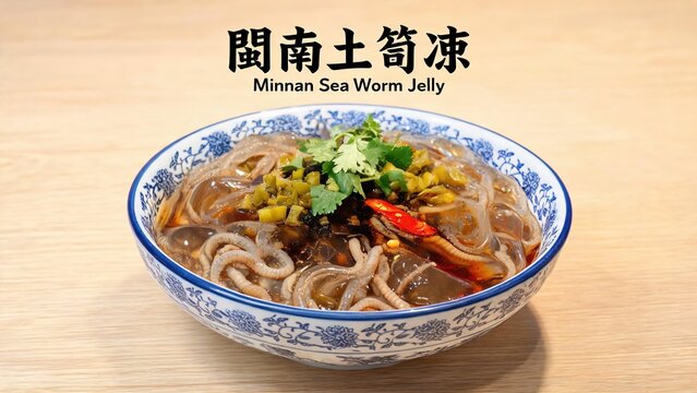 Spicy Cold Minnan Sea Worm Jelly Tu Sun Dong, Shredded Transparent Sea Worm Aspic with Pickled Greens, Chili and Cilantro in Blue and White Porcelain Bowl Light Wooden Table Bilingual Text Fujian Food