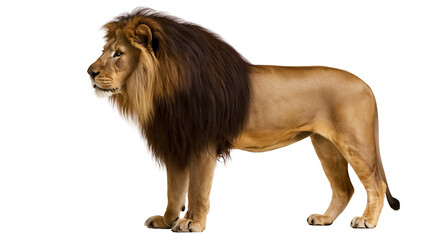 Majestic male lion with dark mane standing profile view © Fraser