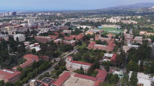University of California Los Angeles campus and Westwood neighborhood with city skyline, Pacific Ocean, Santa Monica Mountains