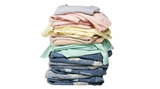 Stack of folded clothes and denim jeans with distressed details