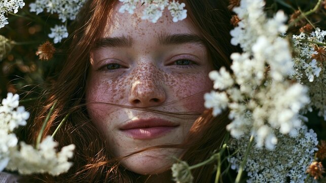 Close-up portrait of a young woman's face. she has long red hair and freckles on her face, and her eyes are looking directly at the camera. her expression is peaceful and serene.