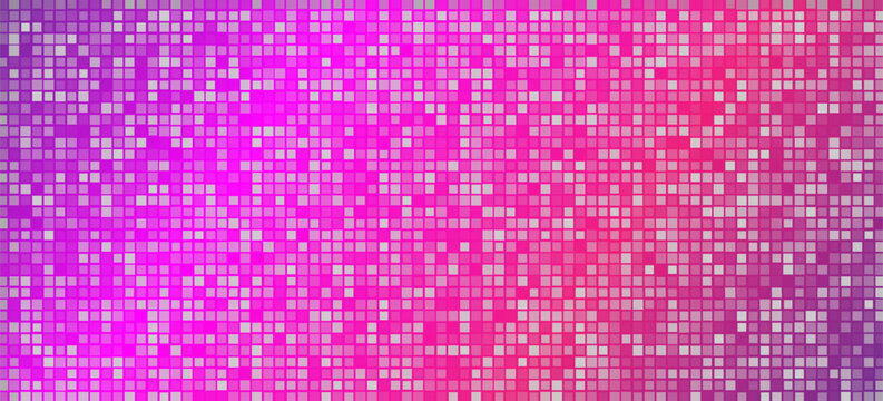 Abstract pixel grid with Pink purple disco party pattern background, seamless square mosaic texture, glowing modern vector wallpaper, vibrant nightlife aesthetic.
