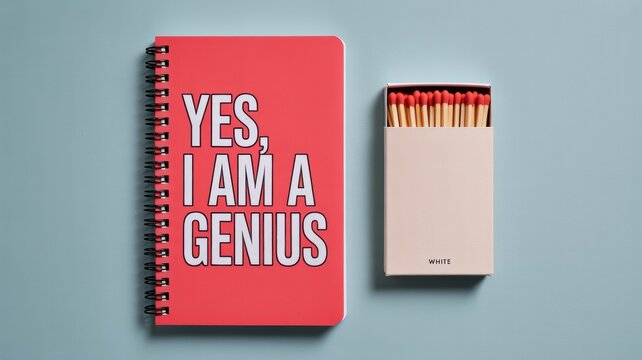 Motivational Quote Notebook Concept &ndash; 'Yes, I Am a Genius' Spiral Notebook with Matchbox on Blue Background