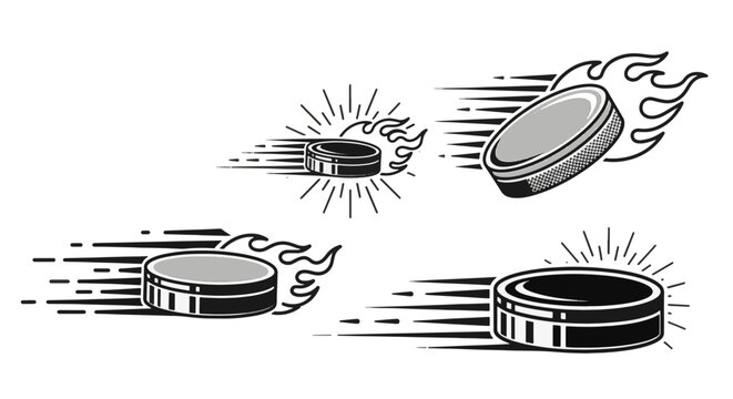 Vector illustration set of black and white ice hockey pucks in motion featuring dynamic speed lines, trailing flames, and stylistic sunburst effects on a plain white background.