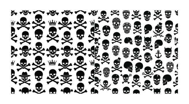 Seamless pattern with black skull and crossbones icons on a white background