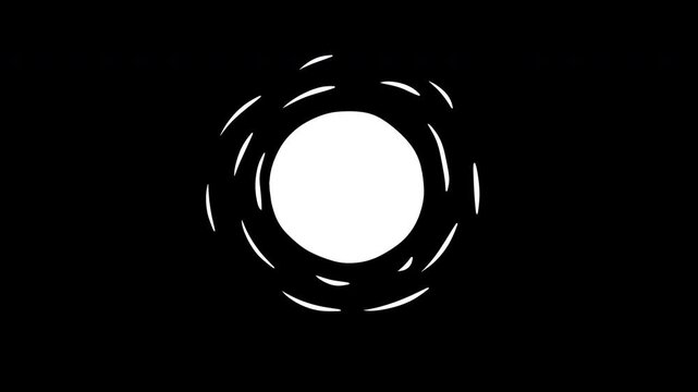 Hand drawn textured 2d animation pack featuring four different white sun elements with scribble rays on black background. Overlay motion doodle art.