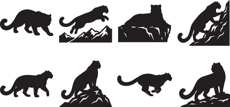 Snow leopard silhouette set, wild mountain cat vector collection, black panther and cougar icons, 8 predatory feline graphics for wilderness branding isolated on Transparent Background