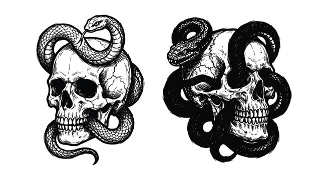 Human skulls and snakes set in detailed black and white ink drawing style