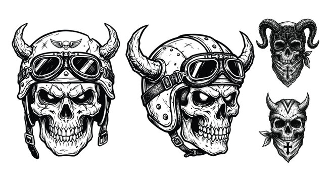 Set of horned skull heads with motorcycle helmets and goggles in sketch style