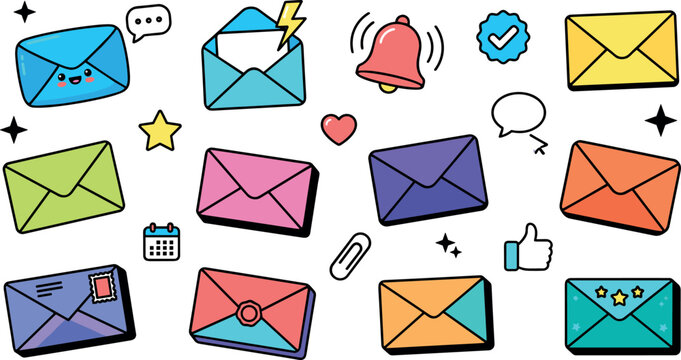 Cute Email and Mail Envelope Vector Doodle Set Featuring Colorful Letter Envelopes Notification Bell Open Mail and Star Sticker Icons
