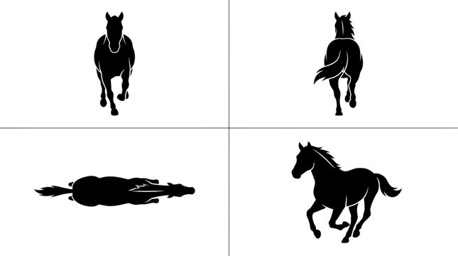 Four Silhouette Horse Poses on White Background - Running, Rear View, Top View
