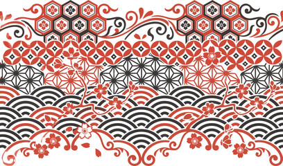 Seamless border pattern with traditional Japanese red and black floral and wave motifs. © Joy
