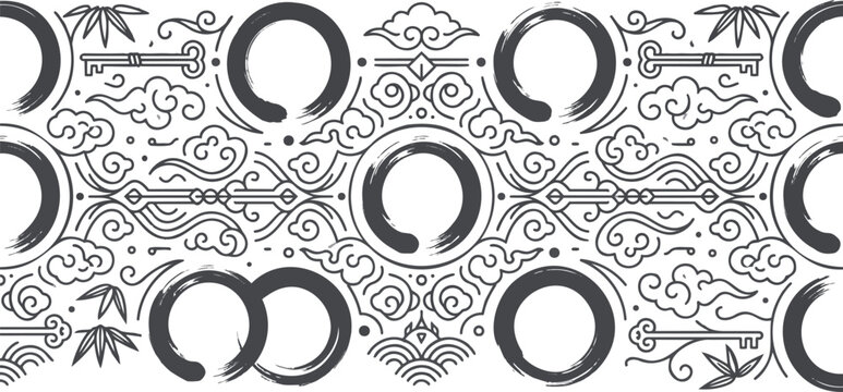 Seamless border pattern with traditional Japanese Zen Enso circles and decorative clouds.