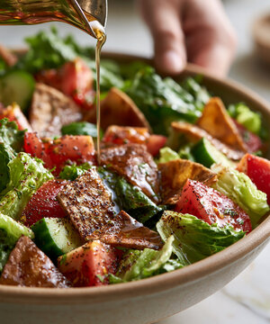 Fattoush salad drizzled with sumac lemon dressing, fresh lettuce tomatoes cucumber toasted pita chips closeup, healthy Levantine Mediterranean fattoush recipe restaurant menu food photography bowl