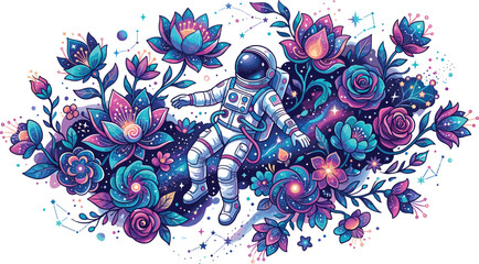 Astronaut Floating in Cosmic Galaxy Space Surrounded by Fantasy Neon Floral Blossoms Lotus and Stars for T Shirt Print Poster Design Vector © KP Studio