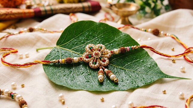 Colorful beaded rakhi bracelet with floral centerpiece, red thread wristband on green leaf with water droplets, festive jewelry