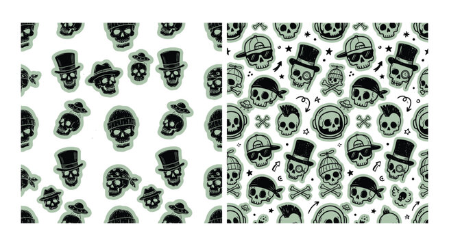 Seamless pattern set with cool skulls wearing hats and sunglasses in black ink