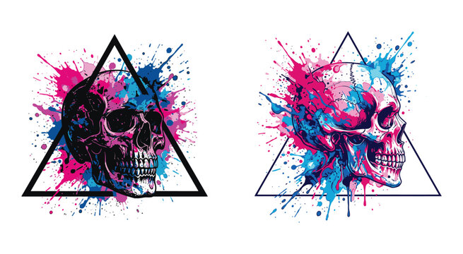 Two human skulls with colorful paint splash and geometric triangle frames