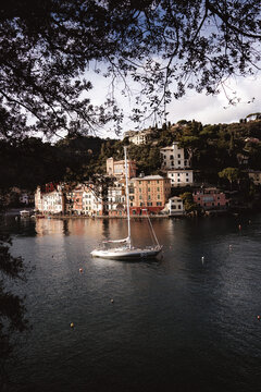 Colorful waterfront village with sailboat in tranquil harbor, framed by tree branches. picturesque Mediterranean coastal scene, classic Italian architecture, serene seaside beauty, Portofino