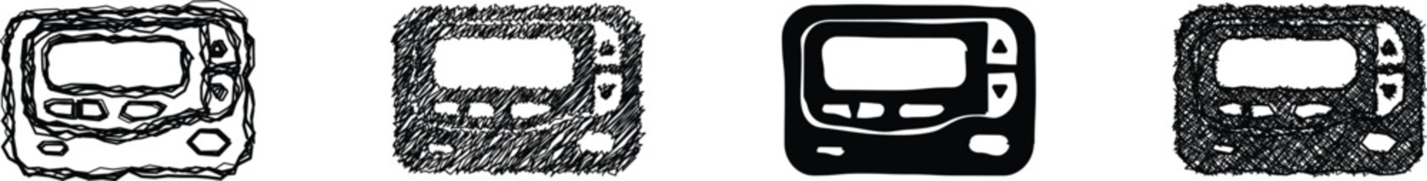 A set of four distinct graphical representations of a pager device, showcasing varied artistic interpretations from rough sketches to clean silhouettes