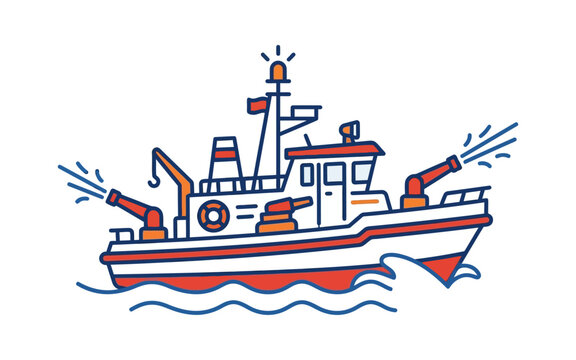 Fireboat Vector Illustration in Outline Style